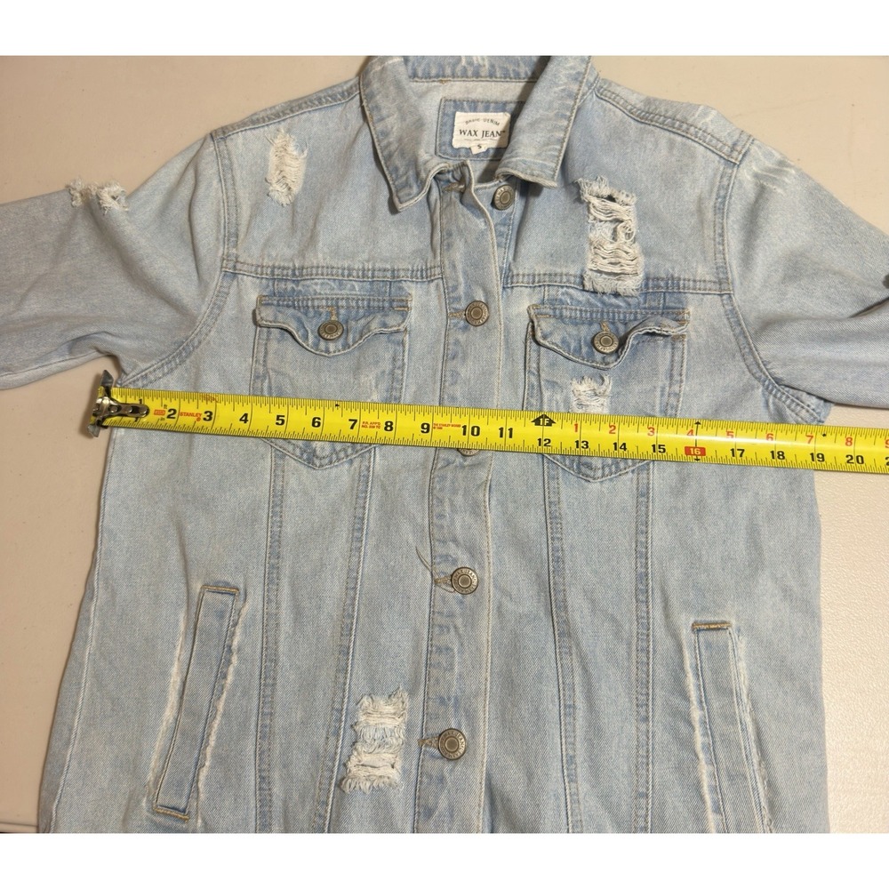 WAX JEAN Distressed Denim Jacket Light Wash Ripped Trucker Y2K Streetwear Small - Picture 3 of 7